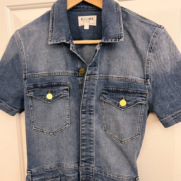 Frame Pleated Coverall Short Romper Button Front Playsuit Stretch Denim Maxson M - Picture 9 of 12